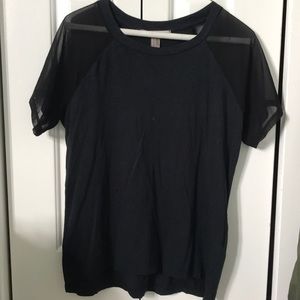black tee with mesh shoulder detail